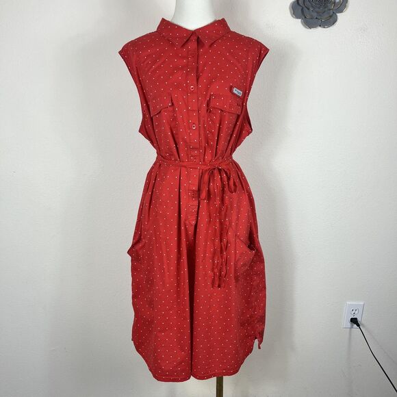 Columbia PFG Shirt Dress Womens 3X Red Polka Dot Sleeveless Fishing Pockets - Picture 1 of 10